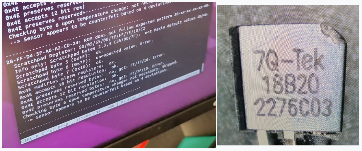 Процедура проверки с ошибкой и датчик QT18B20, извлечённый из гильзы